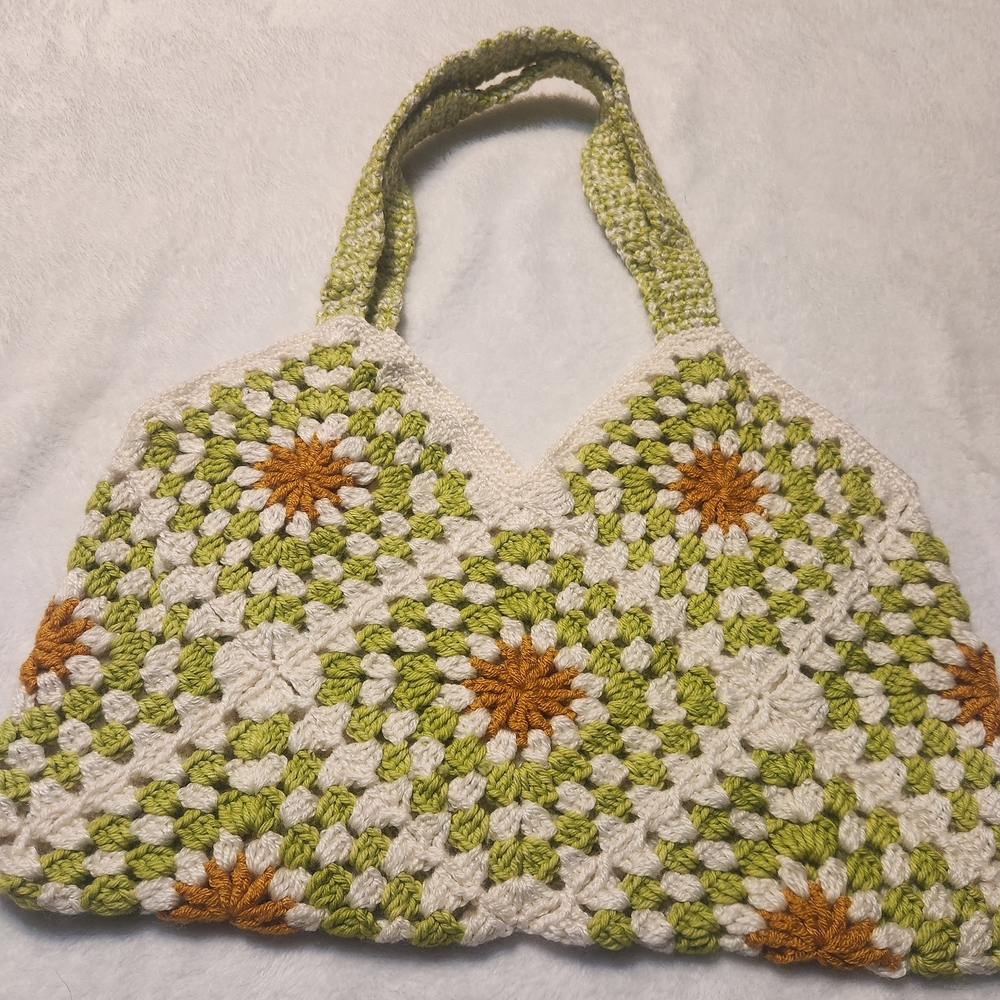 Handcrafted Crochet Tote Bag - Green and Orange